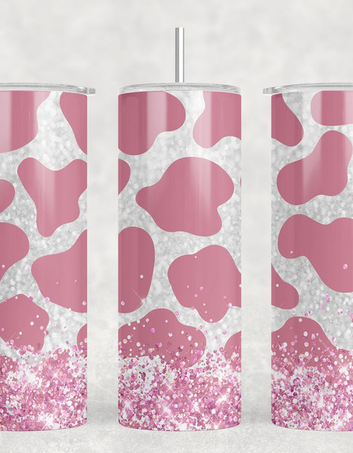 Load image into Gallery viewer, Pink Cow Print faux glitter - 20 oz Steel Skinny Tumbler - Optional Blue Tooth Speaker - Speaker Color will Vary by Rowdy Ridge Co
