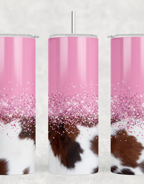 Load image into Gallery viewer, Pink faux cowhide - 20 oz Steel Skinny Tumbler - Optional Blue Tooth Speaker - Speaker Color will Vary by Rowdy Ridge Co
