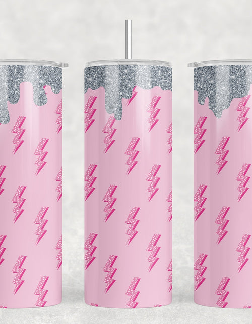 Load image into Gallery viewer, Pink Lightning Bolt faux glitter Drip|Skinny Tumbler|Optional Bluetooth Speaker| Speaker Color Varies by Rowdy Ridge Co
