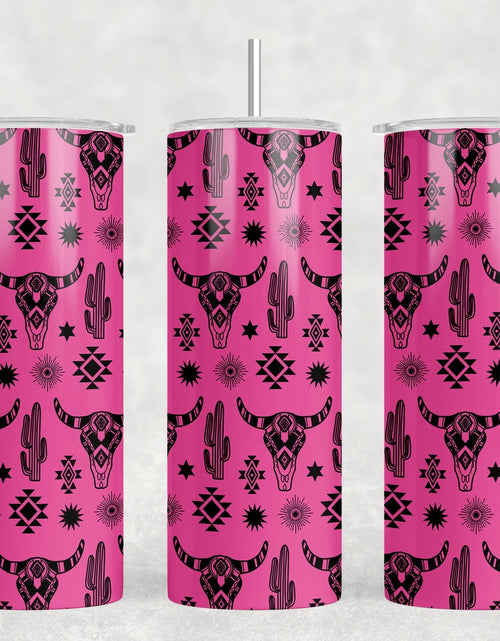 Load image into Gallery viewer, Pink Western Bull Skull - 20 oz Steel Skinny Tumbler - Optional Blue Tooth Speaker - Speaker Color will Vary by Rowdy Ridge Co
