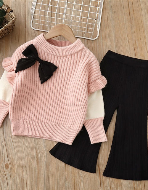 Load image into Gallery viewer, Baby Solid Color Bow Patched Sweater With Pants Sets by MyKids-USA™

