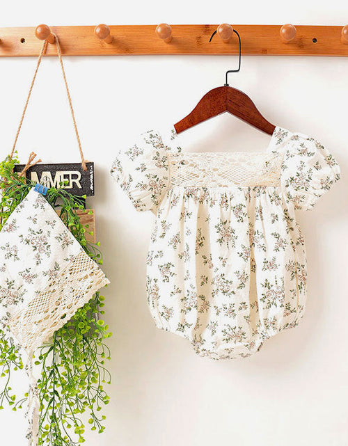 Load image into Gallery viewer, Baby Girl Floral Pattern Lace Patchwork Design Backless Bubble Sleeve Onesies With Hat by MyKids-USA™
