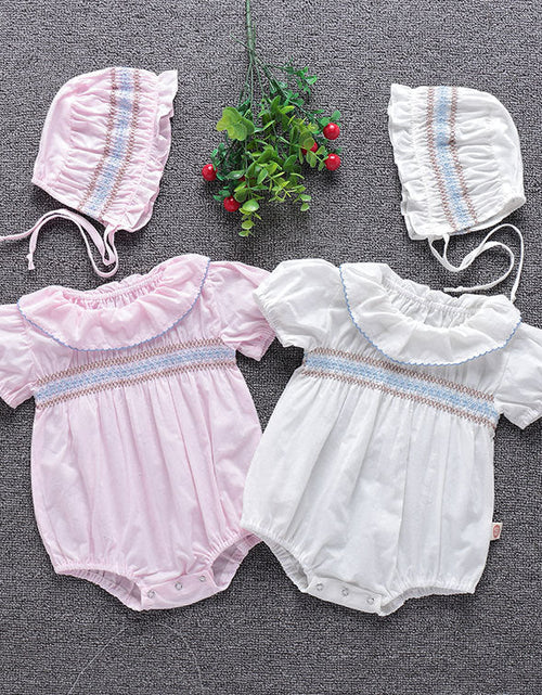 Load image into Gallery viewer, Baby Girl Embroidery Pattern Ruffle Collar Design Bubble Short-Sleeved Onesies With Hat by MyKids-USA™

