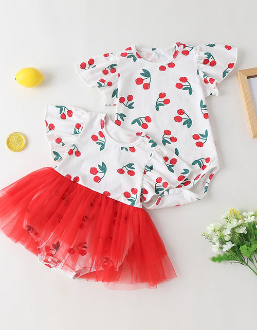 Load image into Gallery viewer, Baby Girl Cherry Print Pattern Mesh Patchwork Design Round-Collar Short-Sleeved Summer Dress Onesies by MyKids-USA™
