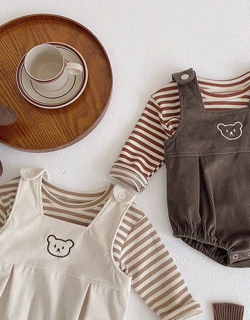Load image into Gallery viewer, Baby Striped Shirt Combo Corduroy Fabric Cartoon Bear Embroidered Vest Bodysuit 2 Pieces Sets by MyKids-USA™
