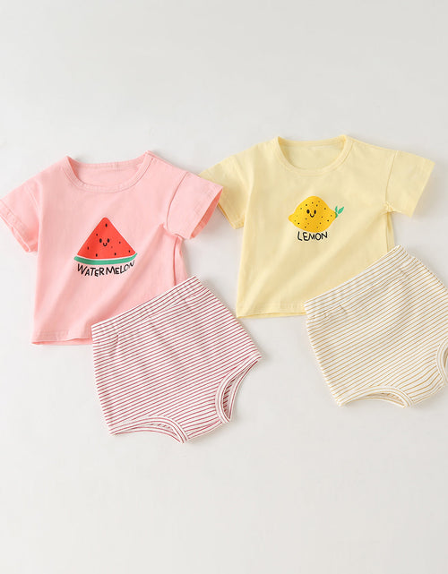 Load image into Gallery viewer, Baby Girl Fruit Pattern Short Sleeve Tops Combo Striped Graphic Triangle Shorts 1 Pieces Sets by MyKids-USA™
