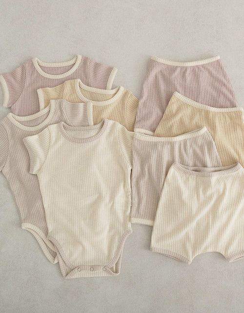 Load image into Gallery viewer, Baby Unisex Solid Color Comfy Cotton Onesies &amp; Shorts Sets With Headband by MyKids-USA™
