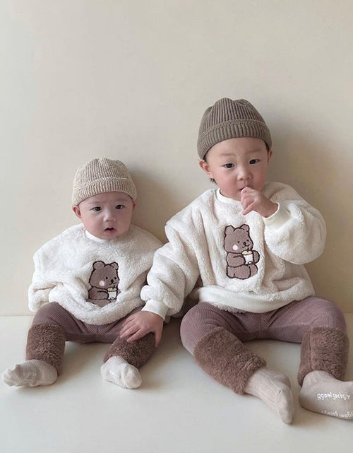 Load image into Gallery viewer, Baby Bear Embroidered Pattern Plush Hoodies Combo Pants  Pieces Sets by MyKids-USA™
