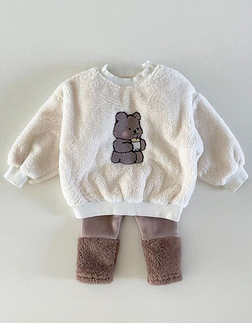 Load image into Gallery viewer, Baby Bear Embroidered Pattern Plush Hoodies Combo Pants  Pieces Sets by MyKids-USA™

