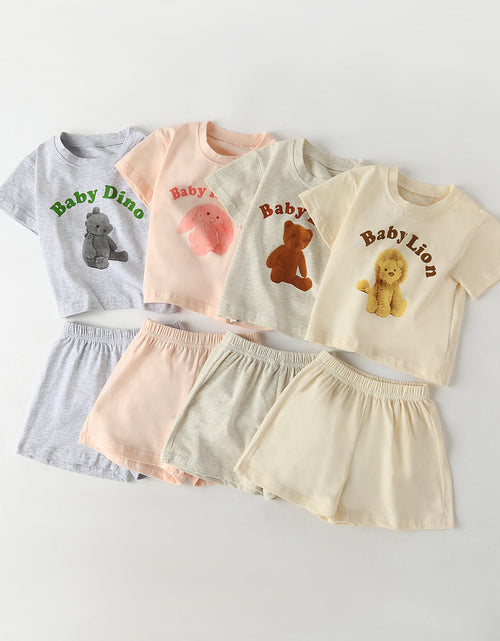 Load image into Gallery viewer, Baby Cartoon Animal &amp; Slogan Pattern Short Sleeved Tee Combo Solid Shorts Sets by MyKids-USA™
