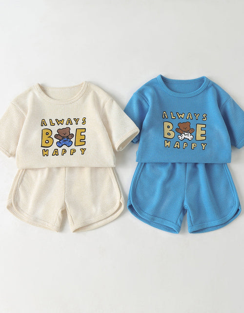 Load image into Gallery viewer, Baby Cartoon Bear &amp; Slogan Pattern Waffle Fabric Tops Combo Solid Shorts 1-Piece Sets by MyKids-USA™
