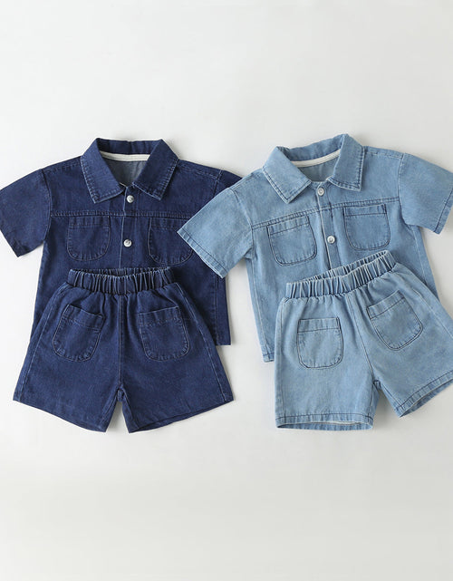 Load image into Gallery viewer, Baby Solid Color Butoon Front Denim Shirt Combo Shorts Sets In Summer by MyKids-USA™

