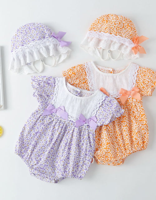 Load image into Gallery viewer, Baby Girl Floral Pattern Lace Patchwork Round Collar Short-Sleeved Colorful Cotton Onesies With Hat by MyKids-USA™
