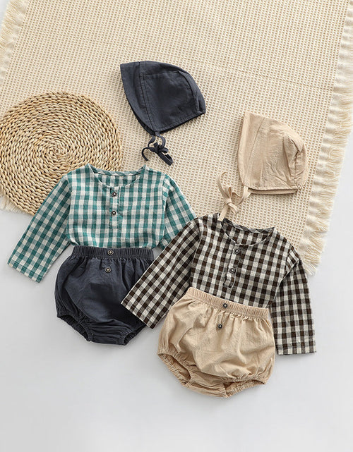Load image into Gallery viewer, Baby Plaid Graphic Tops And Solid Shorts With Hat 1Pieces Sets by MyKids-USA™
