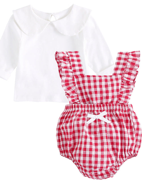 Load image into Gallery viewer, Baby Girl Doll Neck Solid Shirt &amp; Red Plaid Graphic Bow Patched Bodysuit 1 Pieces Sets by MyKids-USA™

