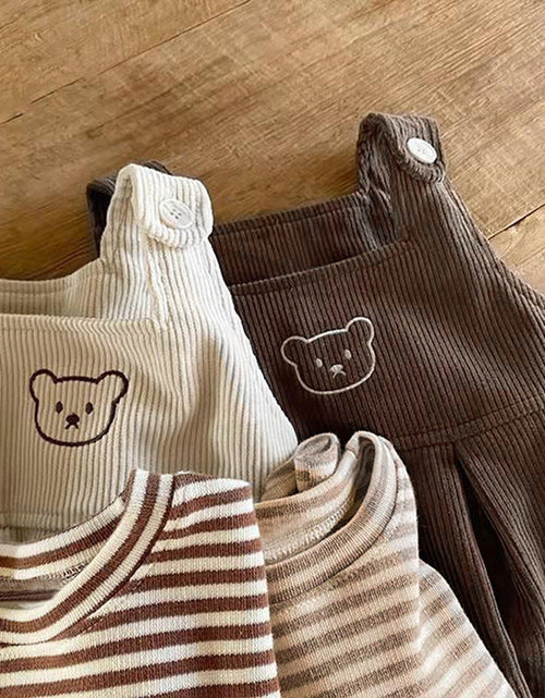 Load image into Gallery viewer, Baby Striped Shirt Combo Corduroy Fabric Cartoon Bear Embroidered Vest Bodysuit 2 Pieces Sets by MyKids-USA™
