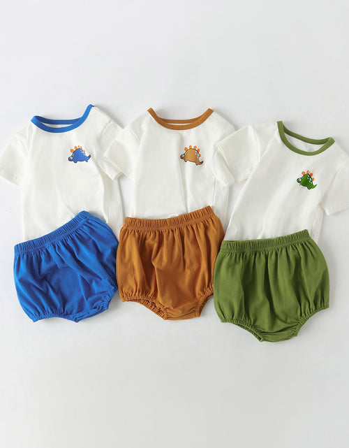 Load image into Gallery viewer, Baby Cartoon Dinosaur Pattern Contrast Neck Tee Combo Solid Shorts Sets by MyKids-USA™
