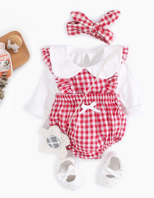 Load image into Gallery viewer, Baby Girl Doll Neck Solid Shirt &amp; Red Plaid Graphic Bow Patched Bodysuit 1 Pieces Sets by MyKids-USA™
