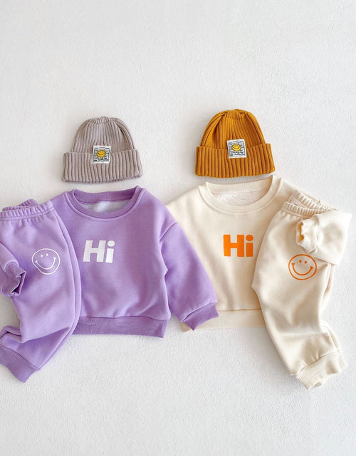 Load image into Gallery viewer, Baby Slogan Graphic Longsleeve Hoodie Combo Smiley Print Trousers Sets by MyKids-USA™
