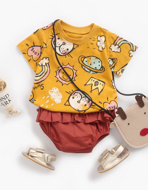 Load image into Gallery viewer, Baby Girl Cartoon Print O-Neck T-Shirt Combo Ruffle Shorts Sets In Summer by MyKids-USA™
