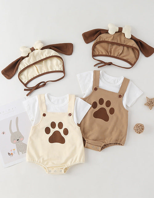 Load image into Gallery viewer, Baby Kids Puppy Print Pattern Short Sleeves With Straps Onesies In Set With Hat Of Puppy Shape by MyKids-USA™
