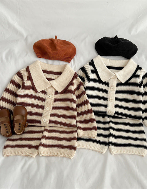 Load image into Gallery viewer, Baby Striped Pattern Lapel Knitted Cardigan With Pants Sets by MyKids-USA™

