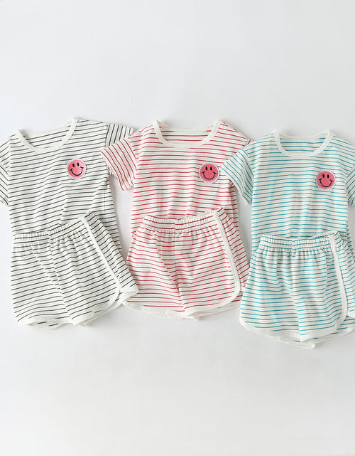Load image into Gallery viewer, Baby Smiley Patched Pattern Striped Graphic Tee Combo Shorts Sets by MyKids-USA™
