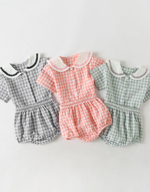 Load image into Gallery viewer, Baby Girl 1pcs Plaid Pattern Contrast Tape Lapel Design Combo Shorts Sets by MyKids-USA™
