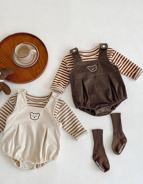 Load image into Gallery viewer, Baby Striped Shirt Combo Corduroy Fabric Cartoon Bear Embroidered Vest Bodysuit 2 Pieces Sets by MyKids-USA™
