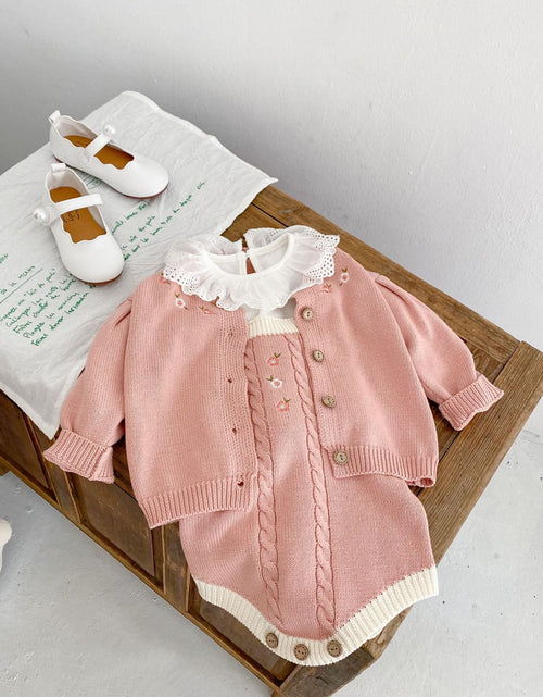 Load image into Gallery viewer, Baby Girl 1pcs Crochet Knitting Graphic Contrast Onesies &amp; Floral Embroidered Cardigan Sets by MyKids-USA™
