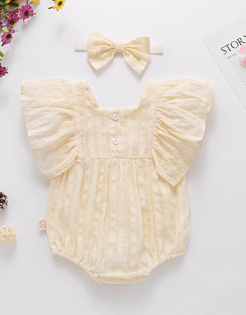 Load image into Gallery viewer, Baby Girl Solid Color Square Collar Design Short-Sleeved Onesies With Headband In Summer Outside Wearing by MyKids-USA™
