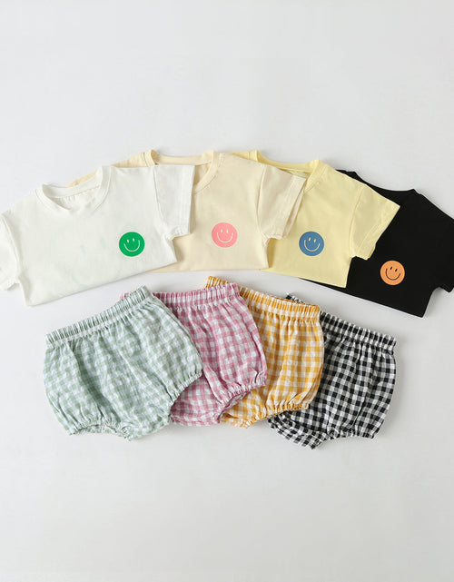 Load image into Gallery viewer, Baby Smiley Print Pattern Solid Tee Combo Plaid Pattern Triangle Shorts Sets by MyKids-USA™
