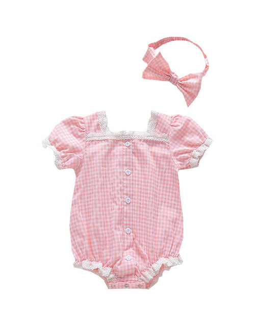 Load image into Gallery viewer, Baby Girl Plaid Pattern Lace Patchwork Design Bubble Short-Sleeved Onesies With Buttons by MyKids-USA™
