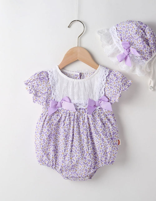 Load image into Gallery viewer, Baby Girl Floral Pattern Lace Patchwork Round Collar Short-Sleeved Colorful Cotton Onesies With Hat by MyKids-USA™
