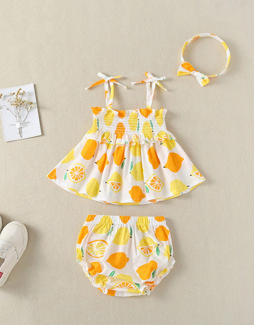 Load image into Gallery viewer, Baby Girl Lemon Fruit Print Sleeveless Dress Combo Short Pants In Sets by MyKids-USA™

