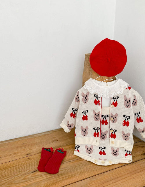Load image into Gallery viewer, Baby Girl 1pcs Allover Cartoon Bear &amp; Cherry Embroidered Graphic Bodysuit &amp; Cardigan Knitted Sets by MyKids-USA™
