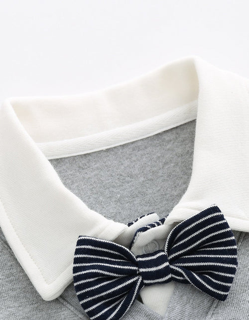 Load image into Gallery viewer, Baby Boy Badge Patched Pattern Striped Contrast Design Snap Button Front Bow Tie Rompers by MyKids-USA™
