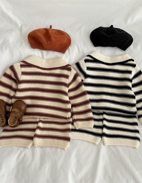Load image into Gallery viewer, Baby Striped Pattern Lapel Knitted Cardigan With Pants Sets by MyKids-USA™
