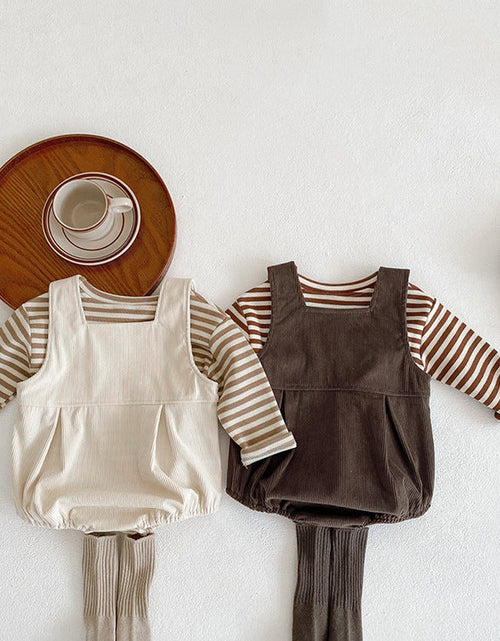 Load image into Gallery viewer, Baby Striped Shirt Combo Corduroy Fabric Cartoon Bear Embroidered Vest Bodysuit 2 Pieces Sets by MyKids-USA™
