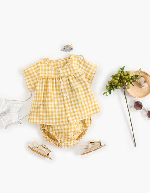 Load image into Gallery viewer, Baby Girl Plaid Pattern Single Breasted Design Shirt Combo Shorts Sets by MyKids-USA™
