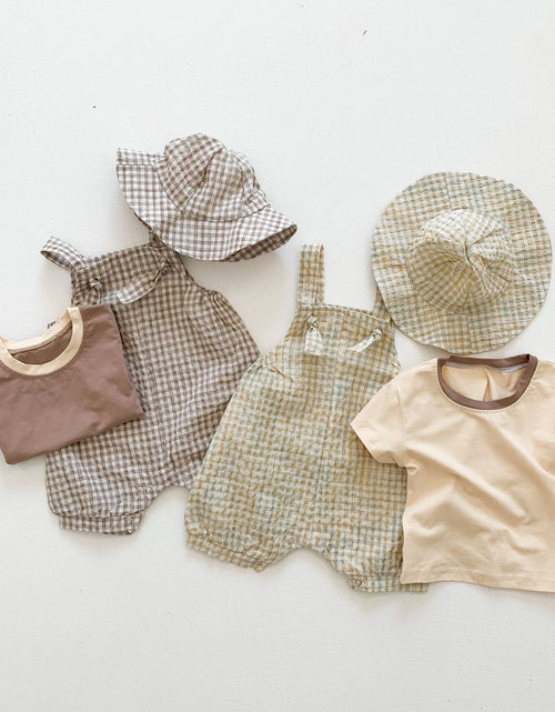 Load image into Gallery viewer, Baby Girl Short-Sleeved Plaid Pattern Backpack Pants With Hat Three Piece Sets In Summer by MyKids-USA™
