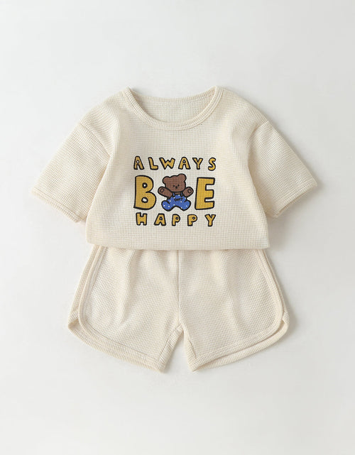 Load image into Gallery viewer, Baby Cartoon Bear &amp; Slogan Pattern Waffle Fabric Tops Combo Solid Shorts 1-Piece Sets by MyKids-USA™

