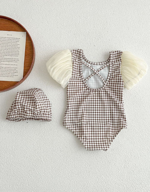 Load image into Gallery viewer, Baby Girl Plaid Pattern Mesh Sleeves Patchwork Swimwear With Hats by MyKids-USA™
