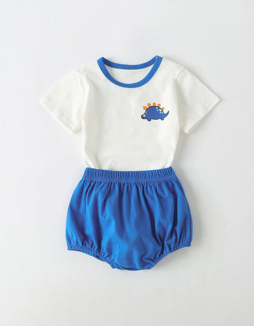 Load image into Gallery viewer, Baby Cartoon Dinosaur Pattern Contrast Neck Tee Combo Solid Shorts Sets by MyKids-USA™
