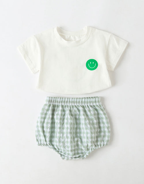 Load image into Gallery viewer, Baby Smiley Print Pattern Solid Tee Combo Plaid Pattern Triangle Shorts Sets by MyKids-USA™
