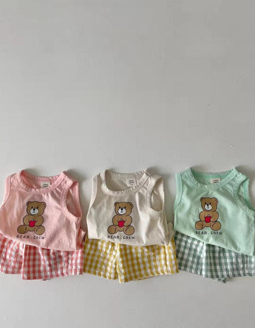 Load image into Gallery viewer, Baby Bear Print Pattern Tops With Plaid Shorts Sets by MyKids-USA™
