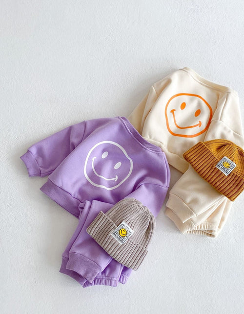 Load image into Gallery viewer, Baby Slogan Graphic Longsleeve Hoodie Combo Smiley Print Trousers Sets by MyKids-USA™
