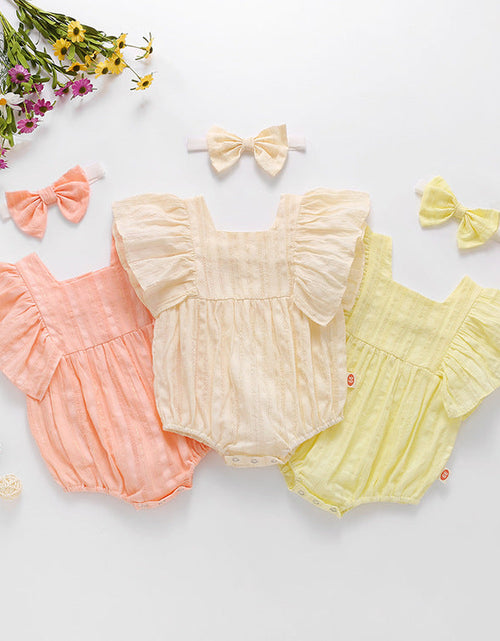 Load image into Gallery viewer, Baby Girl Solid Color Square Collar Design Short-Sleeved Onesies With Headband In Summer Outside Wearing by MyKids-USA™

