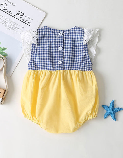 Load image into Gallery viewer, Baby Girl Plaid Pattern Lace Patchwork Bow Sleeveless Princess Onesies In Summer by MyKids-USA™
