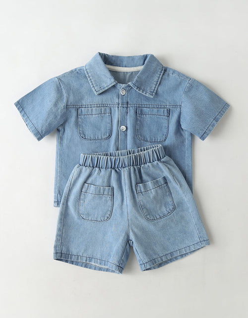 Load image into Gallery viewer, Baby Solid Color Butoon Front Denim Shirt Combo Shorts Sets In Summer by MyKids-USA™
